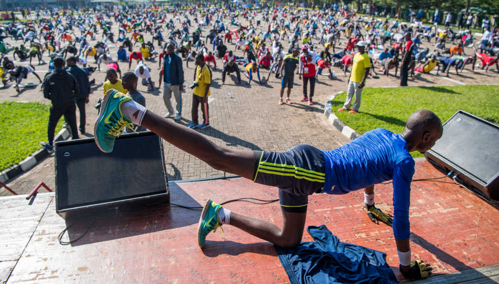 On car free day in Kigali, everyone joins the physical excercises. Copyright: Courtesy of Paul Kagame (CC BY-NC-ND 2.0).