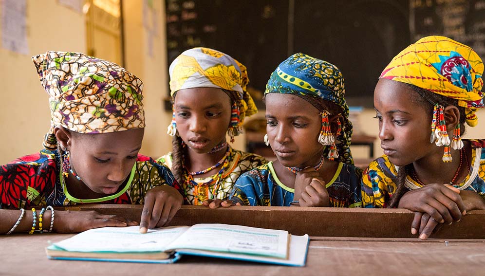 Fulani girls from Niger sharing a textbook. According to UNESCO, 40 per cent of the global population does not have access to education in a language they speak or understand. Copyright: Kelley Lynch / GPE (CC BY-NC-ND 2.0)