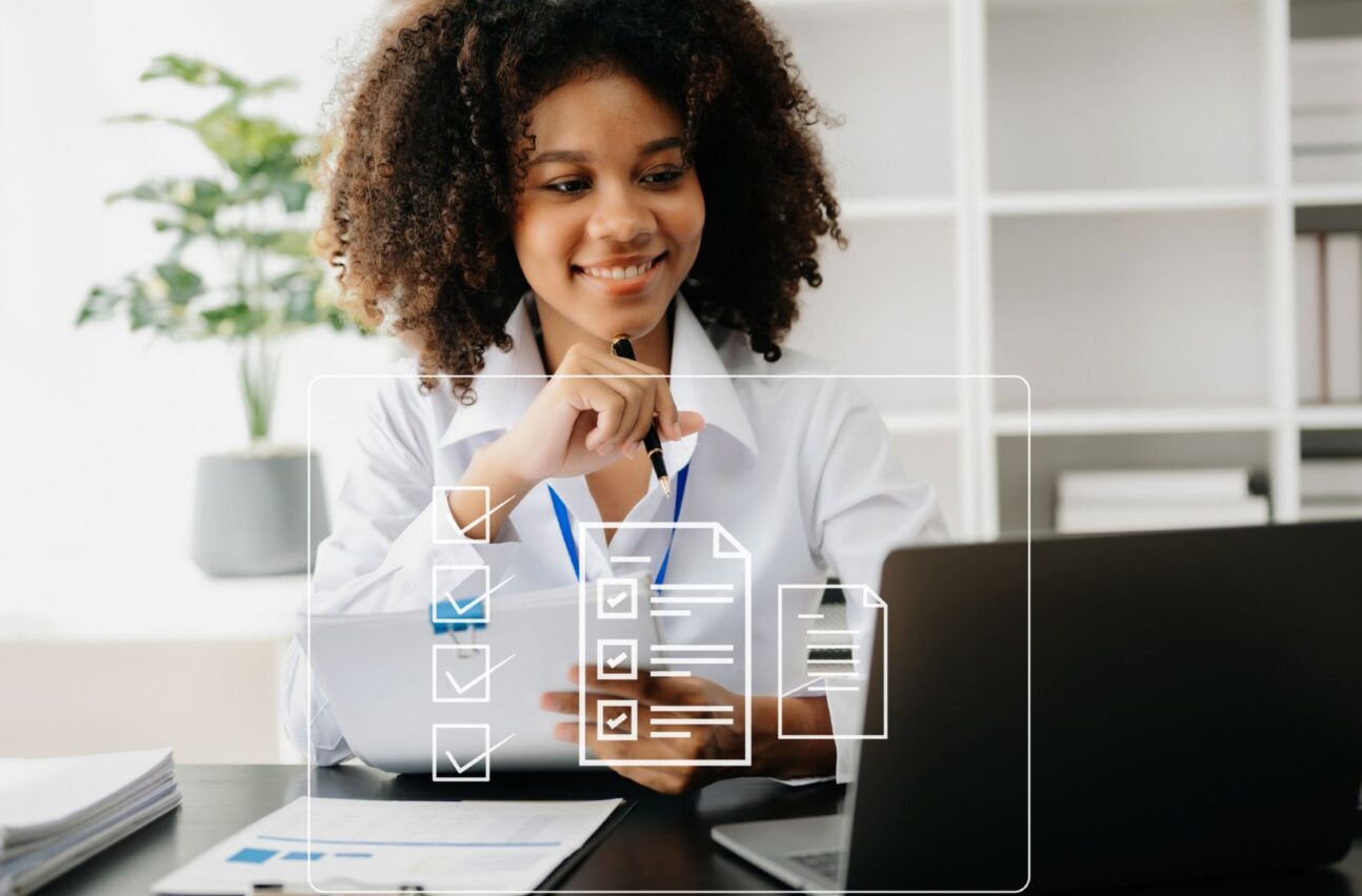 woman completing survey