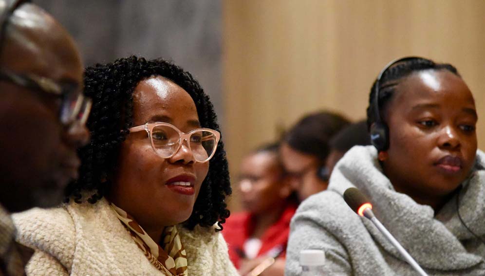 Dr Dikabo Mogopodi (centre) from the Botswana Academy of Science Dirce Madeira right and Manecas Alferes left from the NRF in Mozambique at the HSRC’s GEI Workshop in July 2023